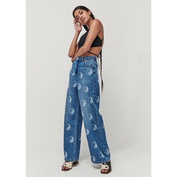 Ghanda Jeans Size 6 Ying Yang Beach Stamp Blue Wide Leg - Picture 5 of 16
